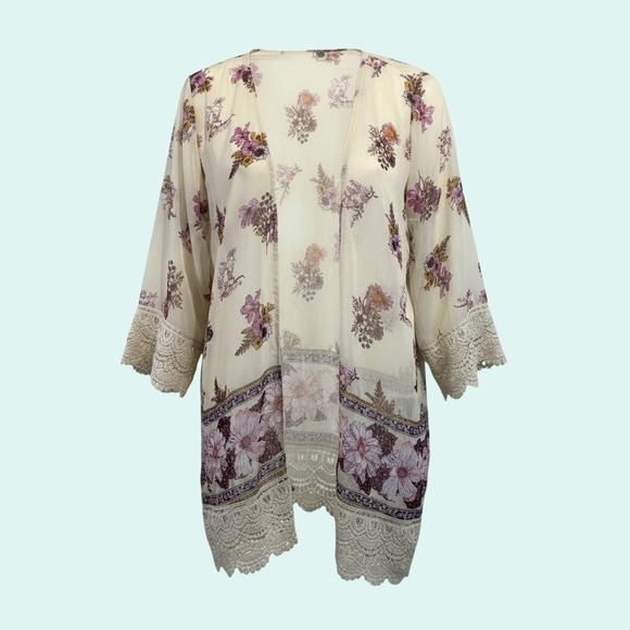 Rewind Tops - Rewind S Sheer Floral Kimono Boho Romantic Cottagecore Festival Top 3/4 Sleeve